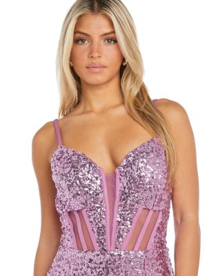 Juniors Sequined Gown W/Corset Bodice & Side Slit