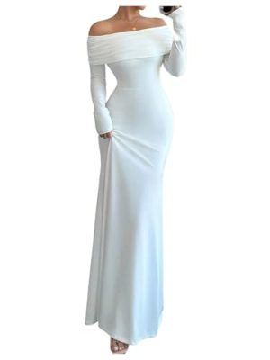 Women's Long Sleeve Off The Shoulder Bodycon Dress Elegant Maxi Dress Cocktail Prom Dresses