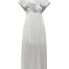 Women's V-Neck Pleated Dress, Floral Detail, Side Zipper, Wedding Guest Cocktail Formal