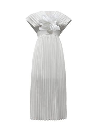 Women's V-Neck Pleated Dress, Floral Detail, Side Zipper, Wedding Guest Cocktail Formal