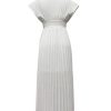 Women's V-Neck Pleated Dress, Floral Detail, Side Zipper, Wedding Guest Cocktail Formal