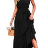 Women's Summer Floral Maxi Sun Dress Sleeveless Halter Neck Flowy Ruffle Hem Long Boho Dresses with Belt