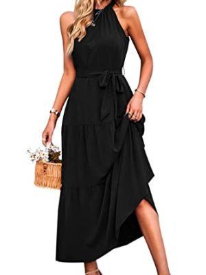 Women's Summer Floral Maxi Sun Dress Sleeveless Halter Neck Flowy Ruffle Hem Long Boho Dresses with Belt