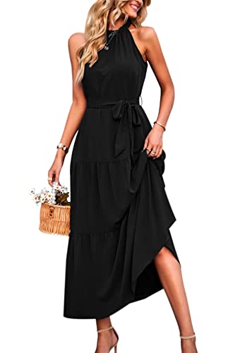 Women's Summer Floral Maxi Sun Dress Sleeveless Halter Neck Flowy Ruffle Hem Long Boho Dresses with Belt