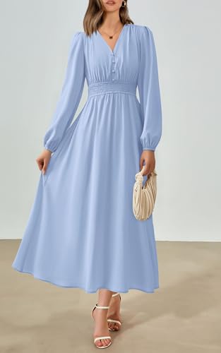 PRTTYGARDEN Womens Long Sleeve Maxi Dress 2025 Spring Trendy Elegant V Neck Flowy Wedding Guest Holiday Formal Long Dresses
