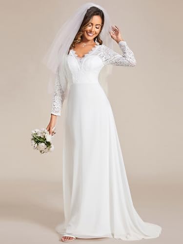 Women's Classic Lace V-Neck Long Sleeves Sweep Train Wedding Dress 01925-PH