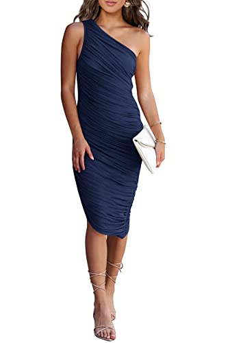 Summer One Shoulder Dresses for Women 2025 Elegant Mesh Ruched Asymmetrical Wedding Guest Cocktail Bodycon Dress