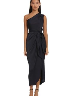 Women's One Shoulder Faux Wrap Light Charmeuse Maxi with Tie Waist Occasion Event Party Guest of