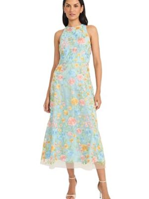 Embroidered Women's High Neck Tea Length Special Occasion Midi-Formal Evening Party Cocktail Dress
