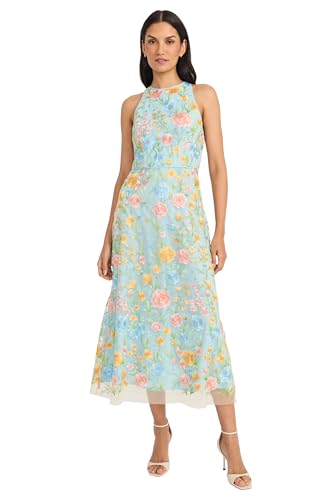 Embroidered Women's High Neck Tea Length Special Occasion Midi-Formal Evening Party Cocktail Dress