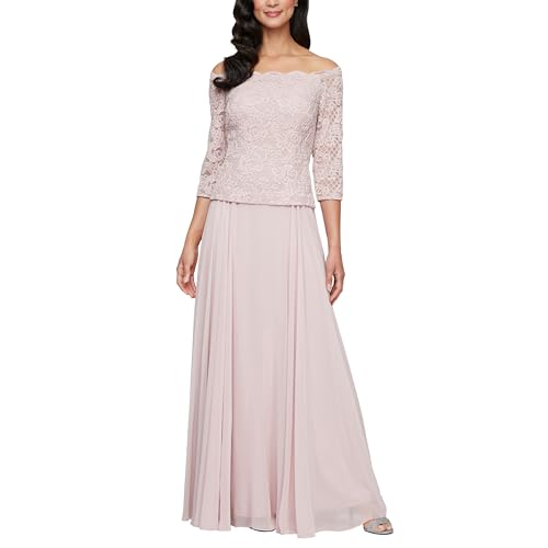 Women's Long Stretch Lace Off The Shoulder Mock Mother of The Bride Dress (Petite and Regular Sizes)