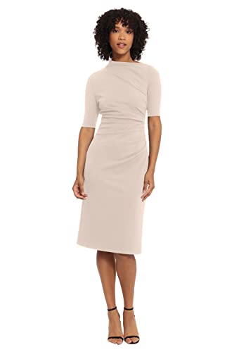 Women's Side Pleat Dress with Asymmetric Neck and Elbow Sleeves