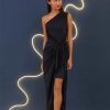 Women's One Shoulder Faux Wrap Light Charmeuse Maxi with Tie Waist Occasion Event Party Guest of