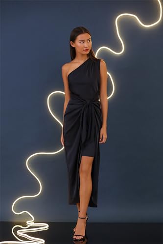 Women's One Shoulder Faux Wrap Light Charmeuse Maxi with Tie Waist Occasion Event Party Guest of