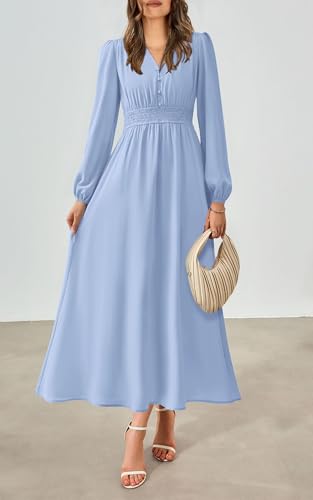 PRTTYGARDEN Womens Long Sleeve Maxi Dress 2025 Spring Trendy Elegant V Neck Flowy Wedding Guest Holiday Formal Long Dresses