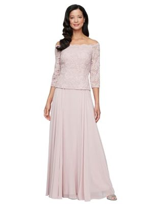 Women's Long Stretch Lace Off The Shoulder Mock Mother of The Bride Dress (Petite and Regular Sizes)