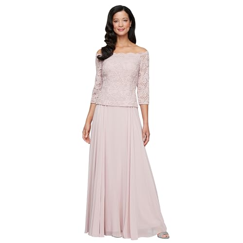 Women's Long Stretch Lace Off The Shoulder Mock Mother of The Bride Dress (Petite and Regular Sizes)