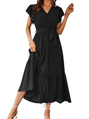 Women's Summer Floral Boho Maxi Dress Wrap Short Sleeve V Neck Ruffle A-Line Flowy Wedding Guest Long Dresses