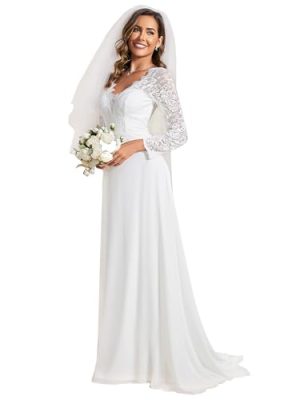 Women's Classic Lace V-Neck Long Sleeves Sweep Train Wedding Dress 01925-PH