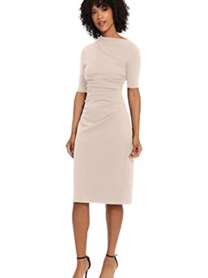 Women's Side Pleat Dress with Asymmetric Neck and Elbow Sleeves