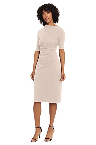 Women's Side Pleat Dress with Asymmetric Neck and Elbow Sleeves