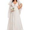 Women's V Neck Sleeveless A Line Pleated Tulle Floor Length Bridal Dresses