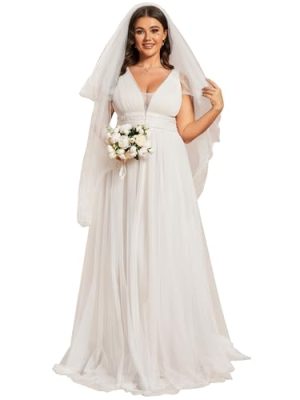 Women's V Neck Sleeveless A Line Pleated Tulle Floor Length Bridal Dresses