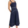 Women's Square Neck Midi Contrast Stitching-A-line Seamed Bodice Formal Wedding Guest Cocktail Dress