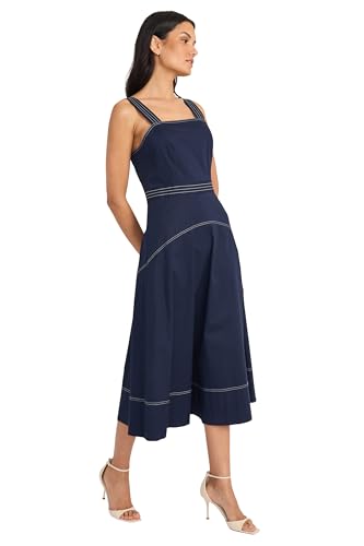 Women's Square Neck Midi Contrast Stitching-A-line Seamed Bodice Formal Wedding Guest Cocktail Dress