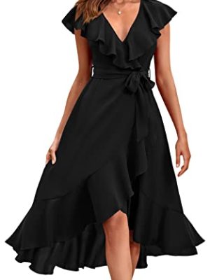 Women's 2025 Summer Cross Midi Dress Casual Boho Deep V Neck Short Sleeve Ruffle Hem Split Beach Long Dresses