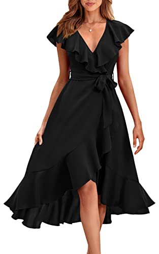 Women's 2025 Summer Cross Midi Dress Casual Boho Deep V Neck Short Sleeve Ruffle Hem Split Beach Long Dresses