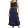 Women's Square Neck Midi Contrast Stitching-A-line Seamed Bodice Formal Wedding Guest Cocktail Dress