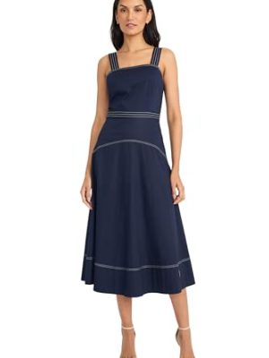 Women's Square Neck Midi Contrast Stitching-A-line Seamed Bodice Formal Wedding Guest Cocktail Dress