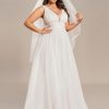 Women's V Neck Sleeveless A Line Pleated Tulle Floor Length Bridal Dresses