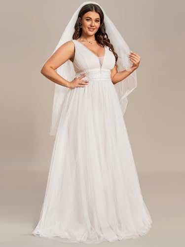 Women's V Neck Sleeveless A Line Pleated Tulle Floor Length Bridal Dresses