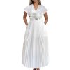 Women's V-Neck Pleated Dress, Floral Detail, Side Zipper, Wedding Guest Cocktail Formal