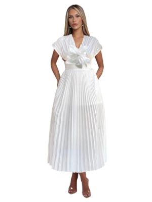 Women's V-Neck Pleated Dress, Floral Detail, Side Zipper, Wedding Guest Cocktail Formal