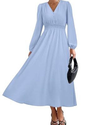 PRTTYGARDEN Womens Long Sleeve Maxi Dress 2025 Spring Trendy Elegant V Neck Flowy Wedding Guest Holiday Formal Long Dresses