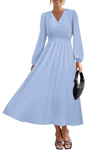 PRTTYGARDEN Womens Long Sleeve Maxi Dress 2025 Spring Trendy Elegant V Neck Flowy Wedding Guest Holiday Formal Long Dresses