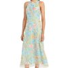 Embroidered Women's High Neck Tea Length Special Occasion Midi-Formal Evening Party Cocktail Dress