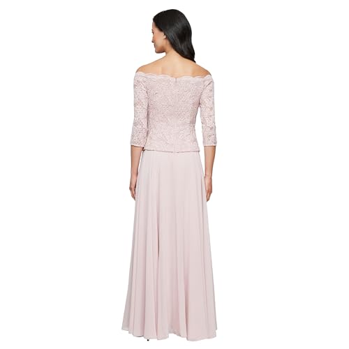 Women's Long Stretch Lace Off The Shoulder Mock Mother of The Bride Dress (Petite and Regular Sizes)