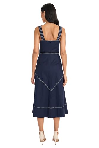 Women's Square Neck Midi Contrast Stitching-A-line Seamed Bodice Formal Wedding Guest Cocktail Dress