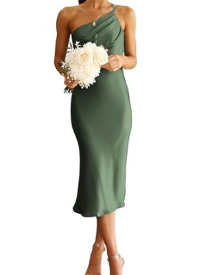 Women's 2025 Summer Midi Satin Dress One Shoulder Spaghetti Strap Backless Ruched Bodycon Dresses
