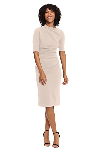 Women's Side Pleat Dress with Asymmetric Neck and Elbow Sleeves