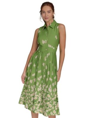 Women's Sleeveless Collared Front Button A-line Midi Dress