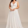 Women's V Neck Sleeveless A Line Pleated Tulle Floor Length Bridal Dresses