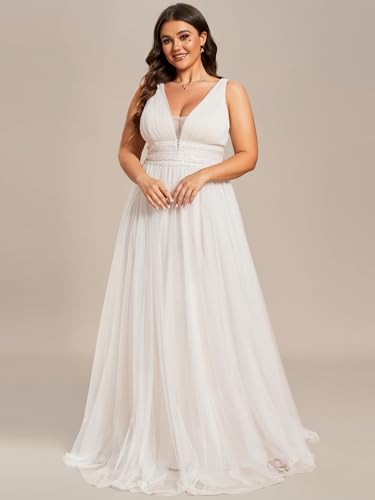 Women's V Neck Sleeveless A Line Pleated Tulle Floor Length Bridal Dresses