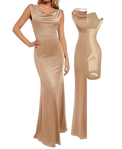 Women Shapewear Maxi Dress - Sleeveless Long Formal Cocktail Party Elegant Bodycon Dresses Built-in Bra