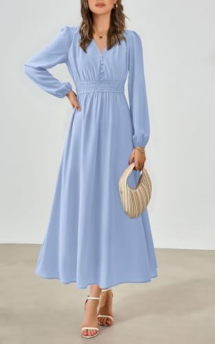 PRTTYGARDEN Womens Long Sleeve Maxi Dress 2025 Spring Trendy Elegant V Neck Flowy Wedding Guest Holiday Formal Long Dresses