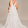Women's V Neck Sleeveless A Line Pleated Tulle Floor Length Bridal Dresses